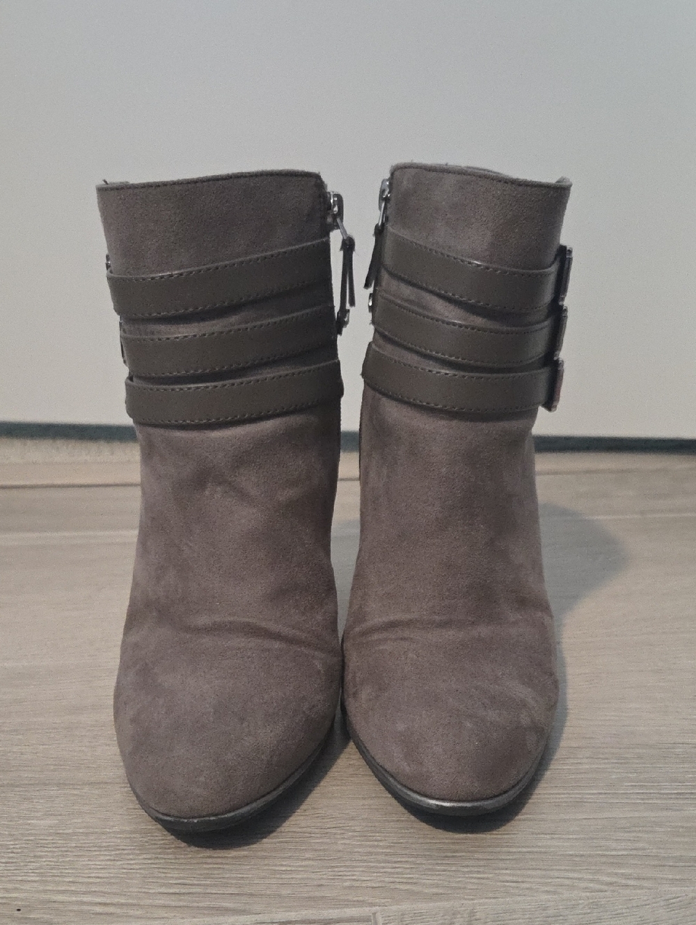 Sam & Libby Gray Suede Ankle Booties with Strap Accents